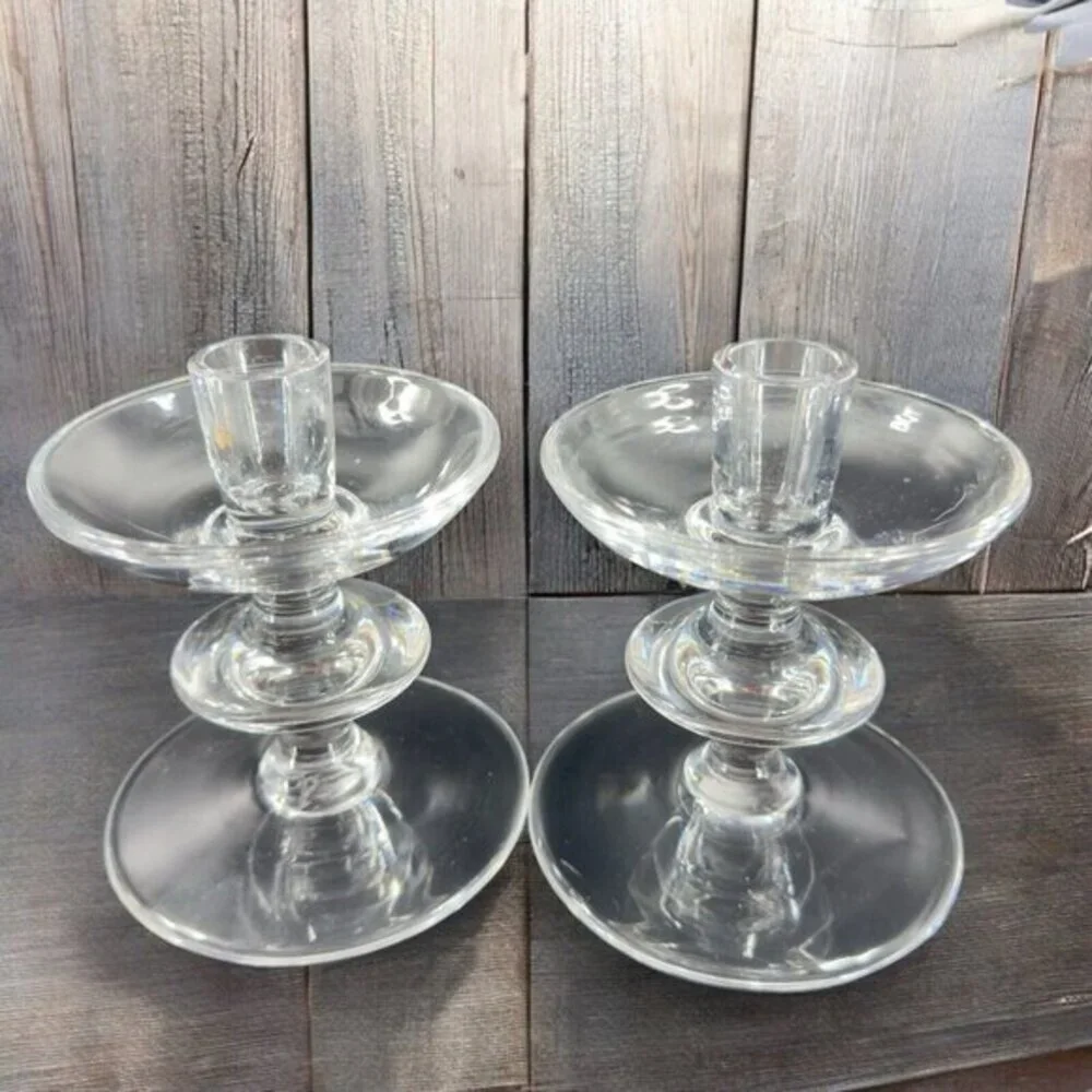 1950s‎ Val Saint Lambert Clear Glass Candlestick Holder Votive Set 2 Signed VTG